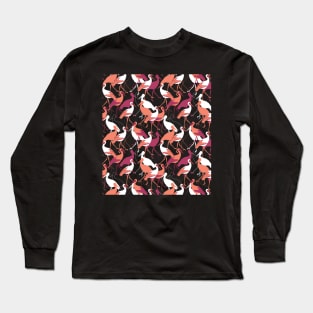 Red amd White Stork Birds on Black Background Color Pattern Long Sleeve T-Shirt